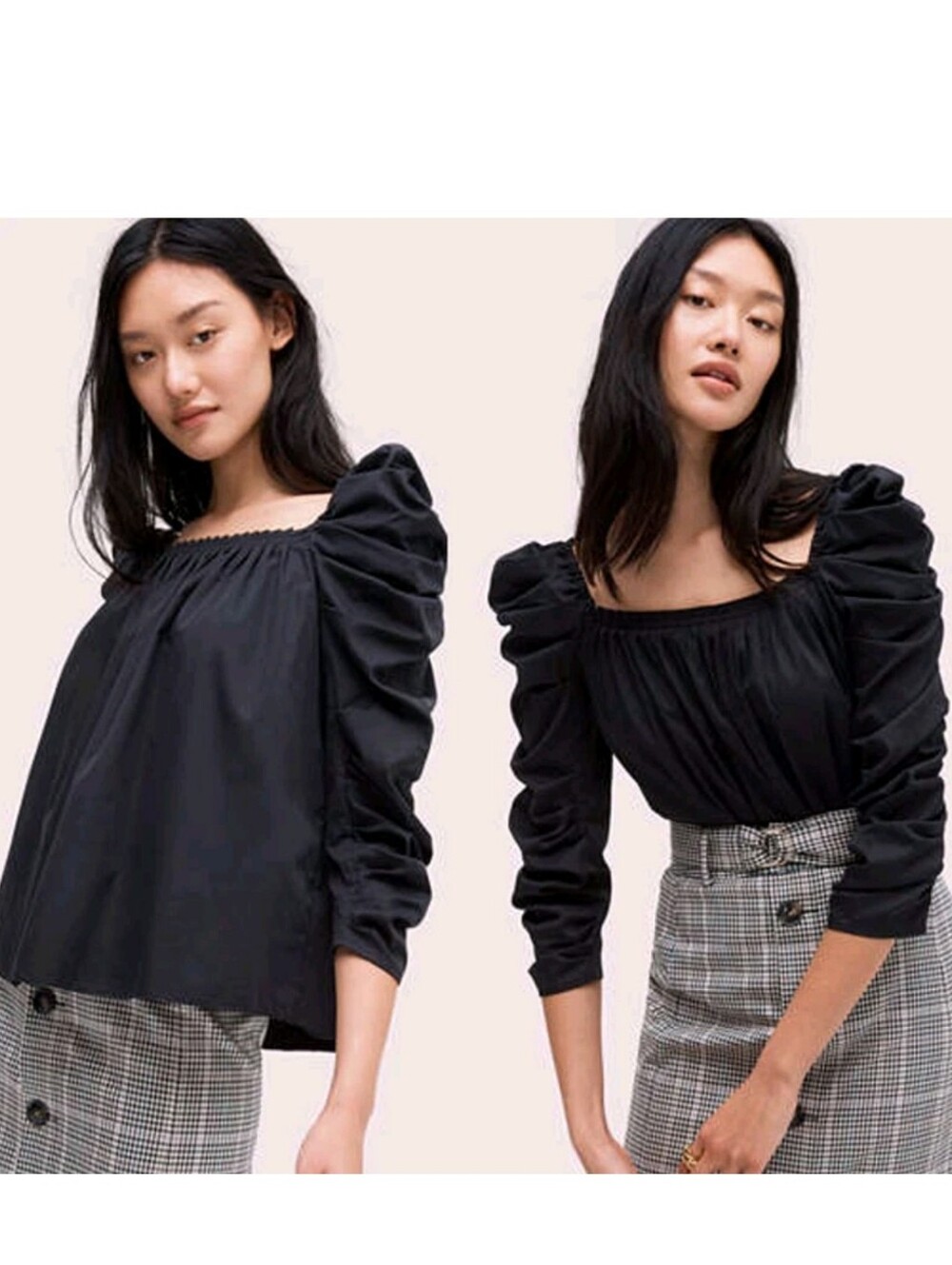 Kate Spade Poplin Ruched Puff Sleeve A Line Square Neck Blouse